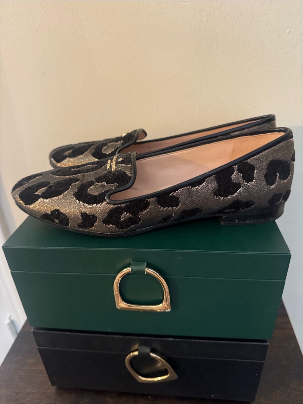 kate spade Metallic Gold and Black Leopard Velvet Loafers